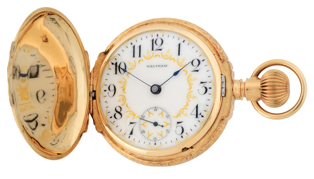 14K GOLD AMERICAN WALTHAM MULTICOLOR H/C POCKET WATCH W/FANCY DIAL AND STAG.