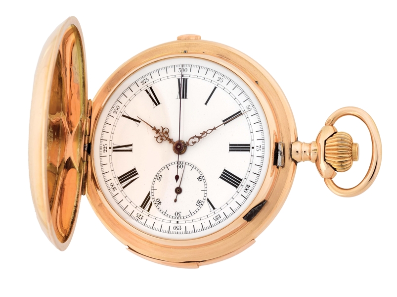 14K GOLD SWISS MINUTE REPEATER CHRONOGRAPH H/C POCKET WATCH, CIRCA 1890S.