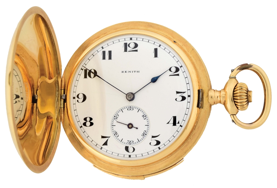 18K GOLD ZENITH SWISS MINUTE REPEATING H/C POCKET WATCH, CIRCA 1900.