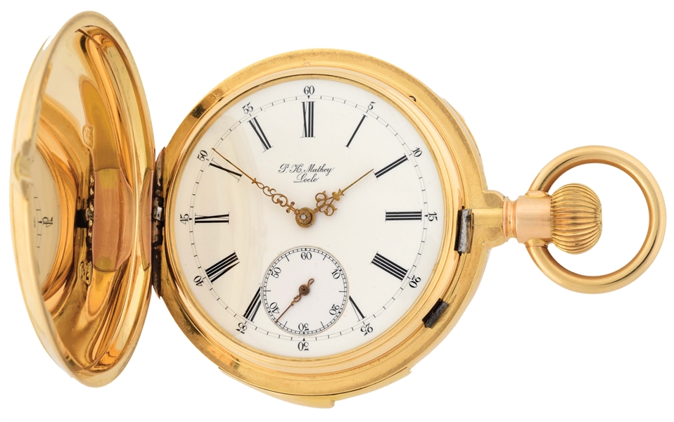 18K GOLD P. H. MATHEY, LOCLE, SWISS MINUTE REPEATING H/C POCKET WATCH.