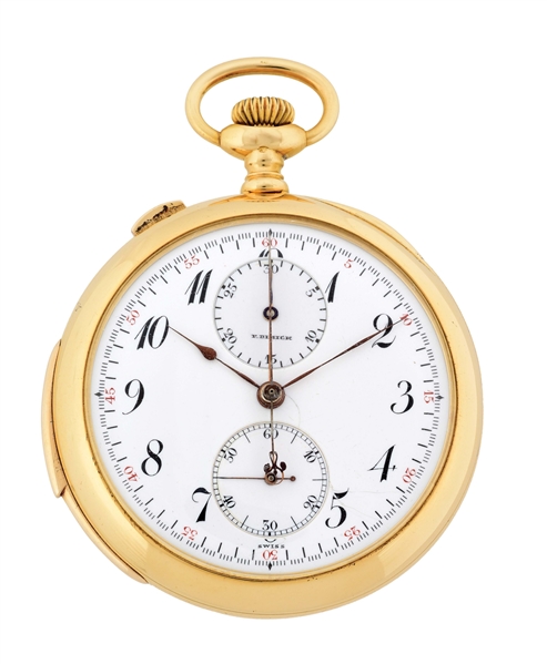 18K GOLD TOUCHON & CO. FOR F. DIMICK, SEATTLE MINUTE REPEATER SPLIT-SECOND RATTRAPANTE CHRONOGRAPH O/F POCKET WATCH.