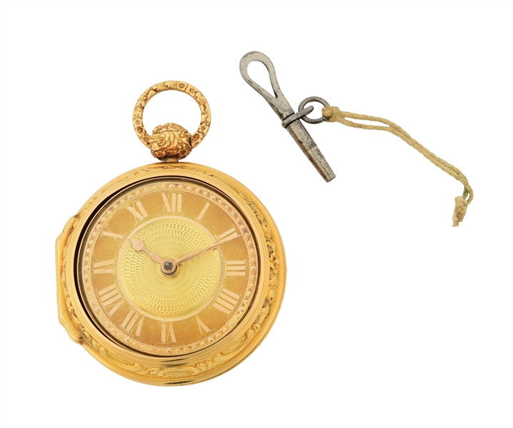18K GOLD JOHN HOLMES, STRAND, LONDON OPEN FACE DOUBLE/PAIR CASE VERGE FUSEE POCKET WATCH W/KEY, DATED 1767.
