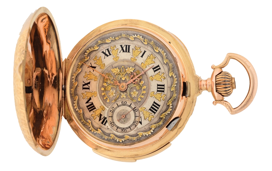 18K GOLD LA PEARLA, GENEVE, SWISS MINUTE REPEATER H/C POCKET WATCH W/ORNATE SILVER DIAL. 