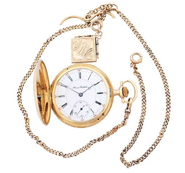 14K GOLD ILLINOIS MULTICOLOR H/C POCKET WATCH W/CHAIN AND LOCKET FOB.