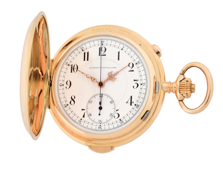 14K GOLD SWISS QUARTER REPEATING CHRONOGRAPH REPEATER H/C POCKET WATCH, CIRCA 1900.