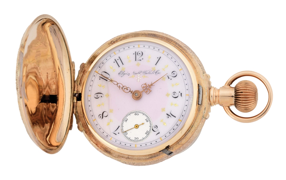 14K GOLD ELGIN MULTICOLOR BOX HINGE H/C POCKET WATCH W/FANCY DIAL AND STAG, CIRCA 1897.