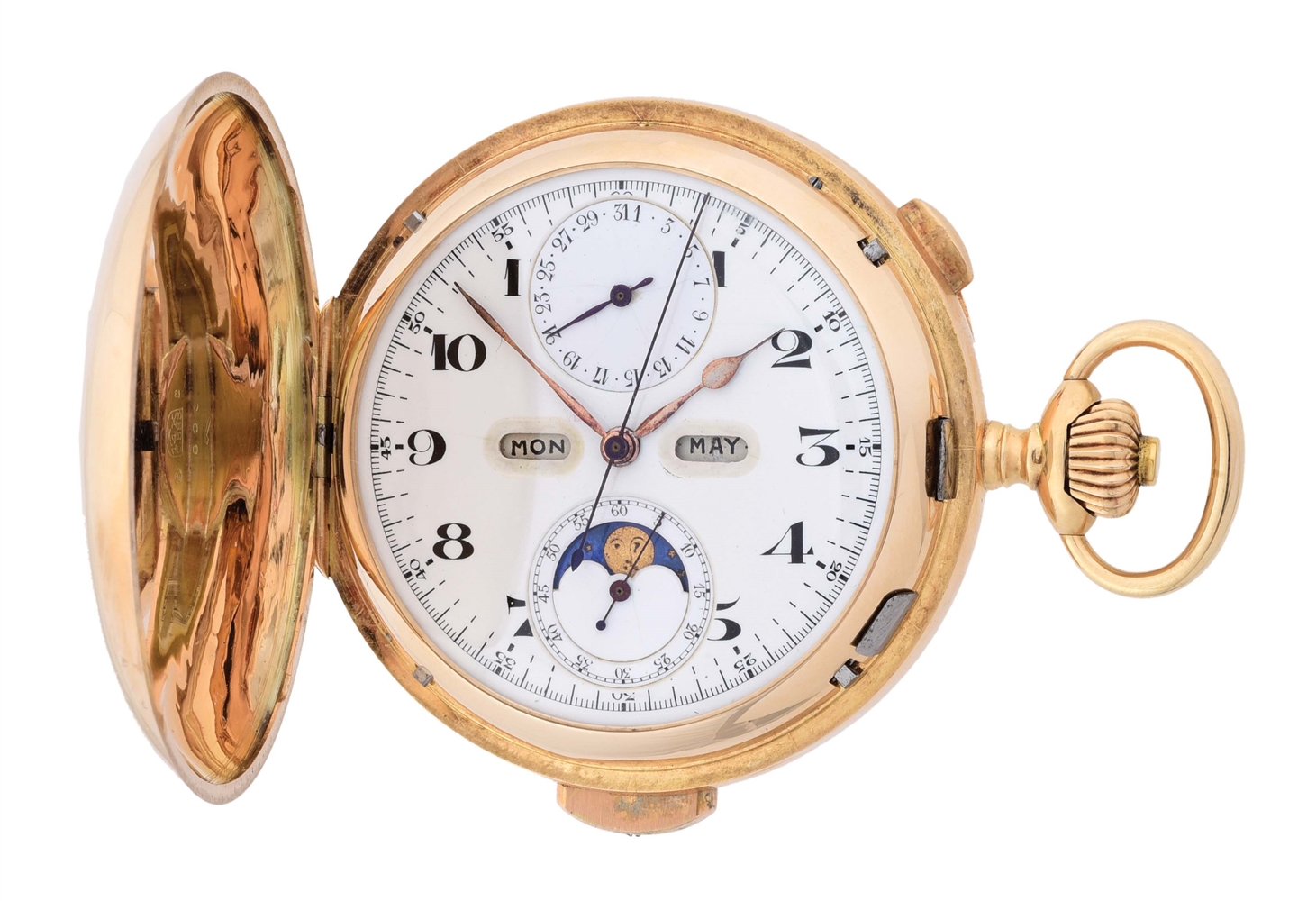 14K GOLD SWISS GRAND COMPLICATIONS MINUTE REPEATING CHRONOGRAPH H/C POCKET WATCH W/MOON PHASE CALENDAR.