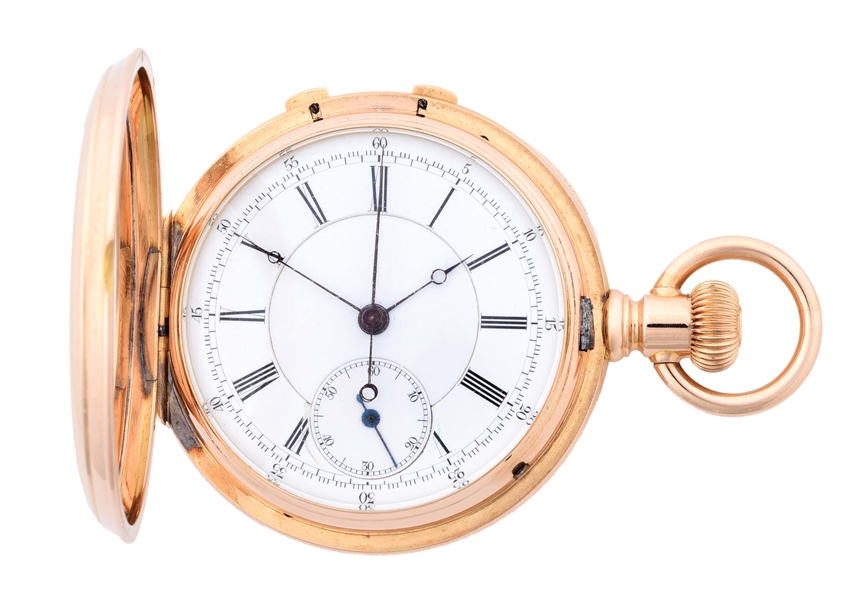 18K PINK GOLD JAQUES & MARCUS, NEW YORK, SPLIT-SECOND CHRONOGRAPH O/F POCKET WATCH, CIRCA 1880S.