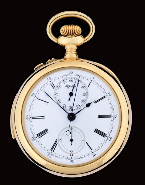 18K GOLD TIFFANY & CO MINUTE REPEATING SPLIT-SECOND RATTRAPANTE CHRONOGRAPH O/F POCKET WATCH.