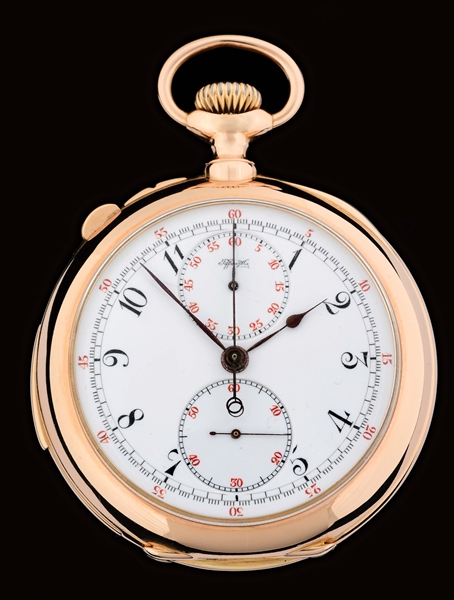 18K PINK GOLD TIFFANY & CO FIVE-MINUTE REPEATING RATTRAPENTE CHRONOGRAPH O/F POCKET WATCH.