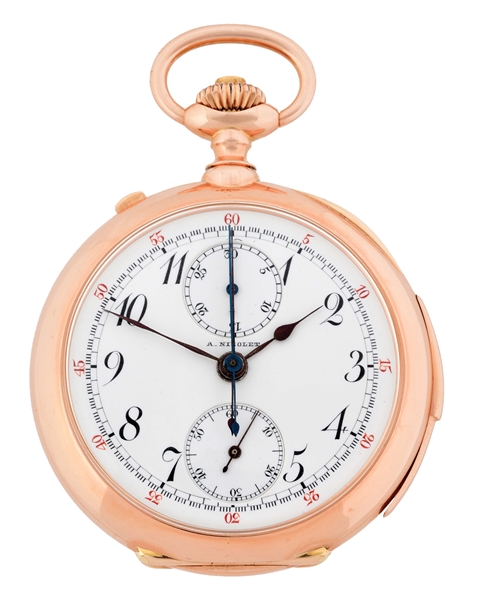 18K PINK GOLD A. NICOLET, SWISS MINUTE REPEATING SPLIT SECOND RATTRAPANTE CHRONOGRAPH POCKET WATCH.