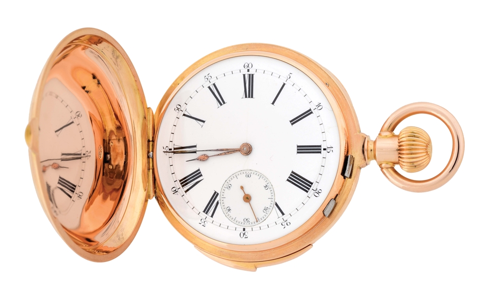 18K PINK GOLD SWISS MINUTE REPEATING H/C POCKET WATCH CIRCA 1890.