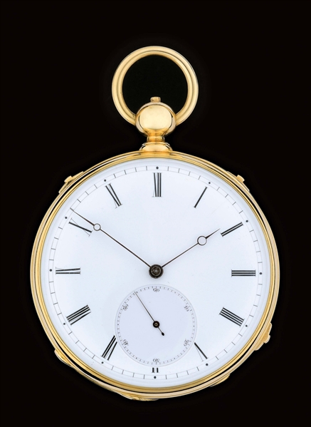18K GOLD MONTANDON GRANDE SONNERIE REPEATING O/F POCKET CLOCK WATCH W/KEY.