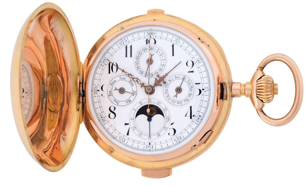 18K GOLD FABRIQUE GERMINAL MINUTE REPEATING TRIPLE DATE MOONPHASE CALENDAR H/C POCKET WATCH WITH CHRONOGRAPH.