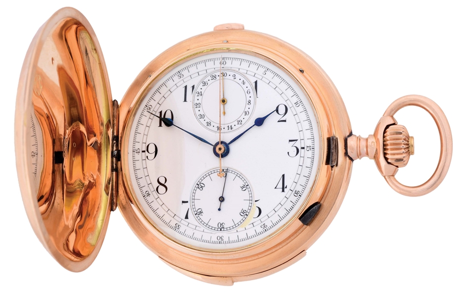 14K PINK GOLD L. FRIC LEBET QUARTER-HOUR REPEATING H/C CHRONOGRAPH POCKET WATCH. 