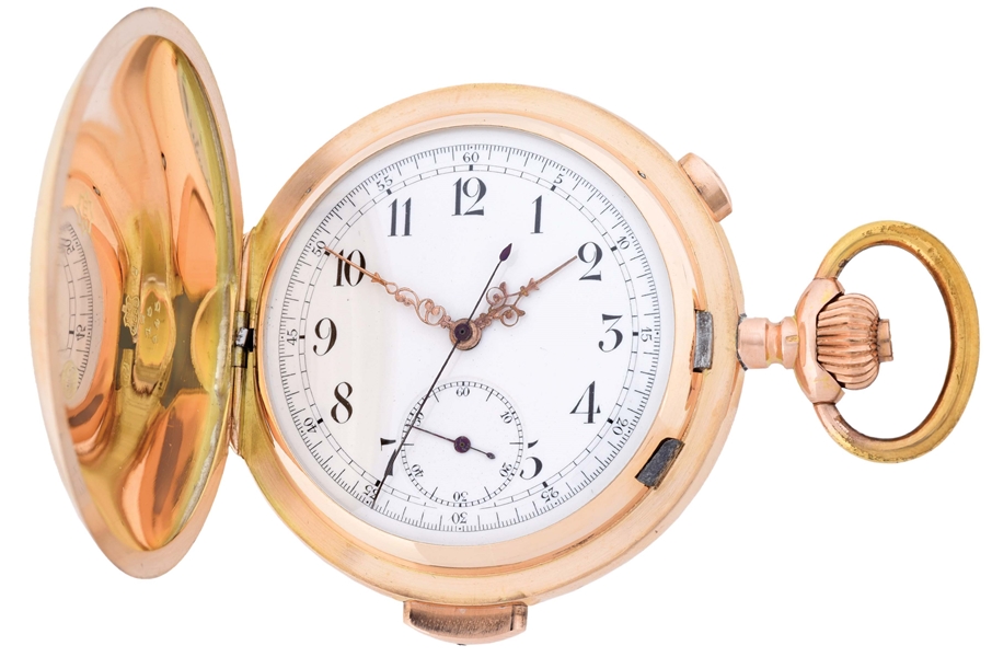 14K GOLD SWISS MINUTE REPEATING H/C CHRONOGRAPH POCKET WATCH. 