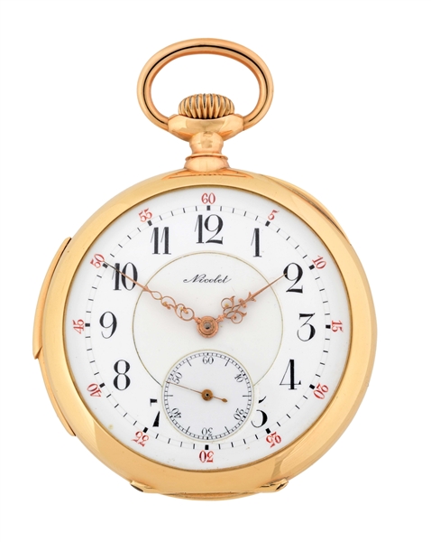 18K GOLD NICOLET SWISS MINUTE REPEATING O/F POCKET WATCH.