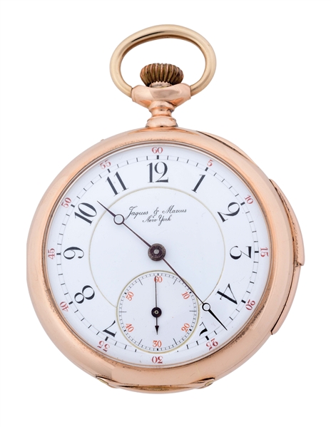 14K PINK GOLD JAQUES & MARCUS, NEW YORK, FIVE-MINUTE REPEATING O/F POCKET WATCH.