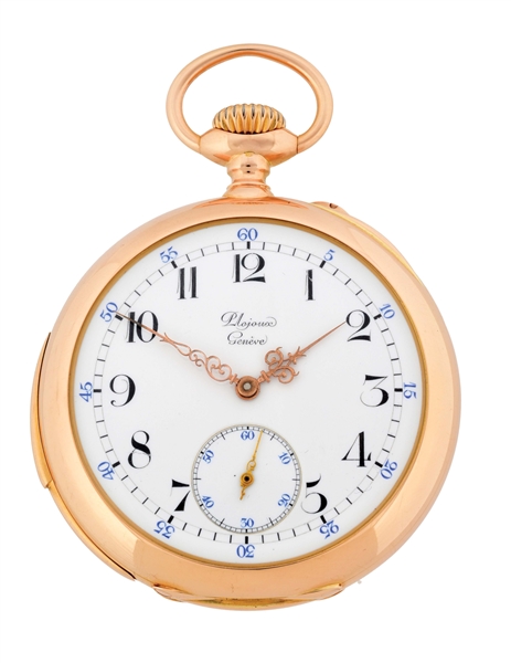 18K PINK GOLD PLOJOUX SWISS MINUTE REPEATING O/F POCKET WATCH. 
