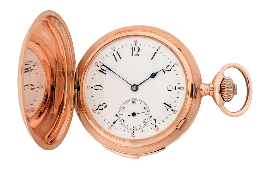 14K PINK GOLD SWISS 3-HAMMER QUARTER-HOUR MINUTE REPEATING H/C POCKET WATCH.