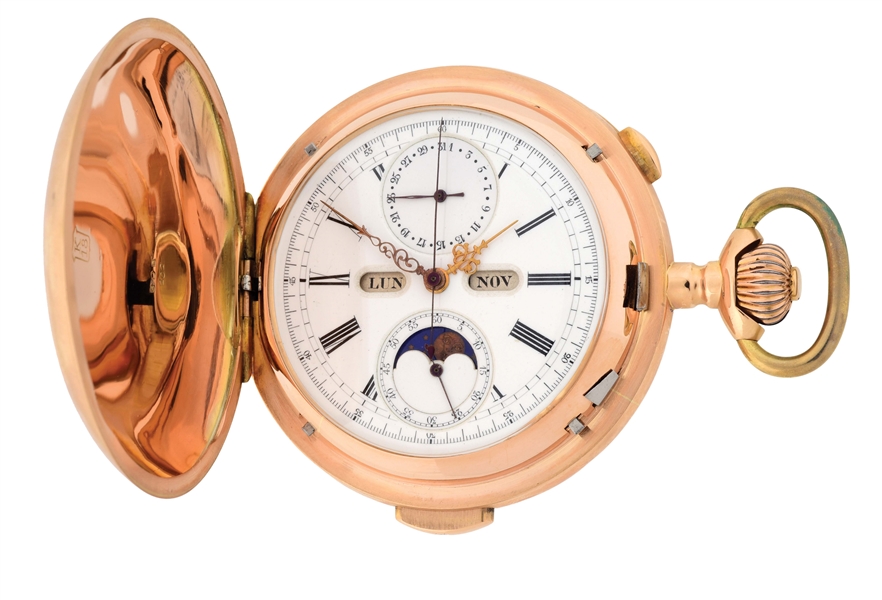18K PINK GOLD SURETE GRAND COMPLICATIONS MINUTE REPEATING TRIPLE-DATE CALENDAR CHRONOGRAPH H/C POCKET WATCH WITH MOON PHASES.
