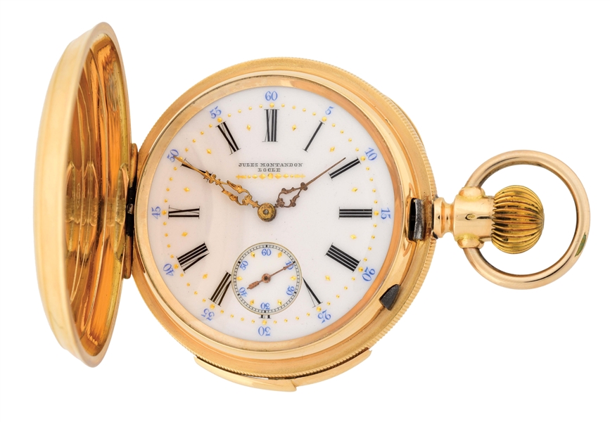 18K GOLD JULES MONTANDON, SWISS MINUTE REPEATING H/C POCKET WATCH W/FANCY DIAL.