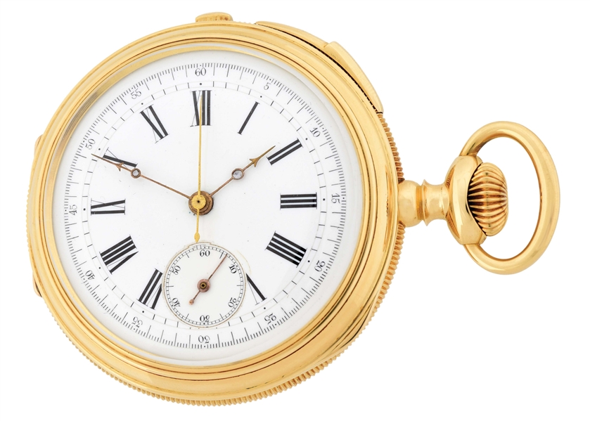 18K GOLD A. LUGRIN, NYC, QUARTER-HOUR REPEATING CHRONOGRAPH O/F POCKET WATCH. 