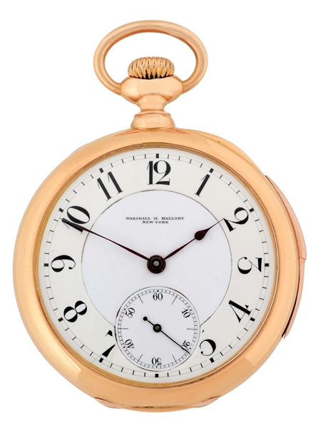 18K GOLD C.H. MEYLAN FOR M.H. MALLORY OF THE MADISON SQUARE THEATER, NY, FIVE-MINUTE REPEATING O/F POCKET WATCH.