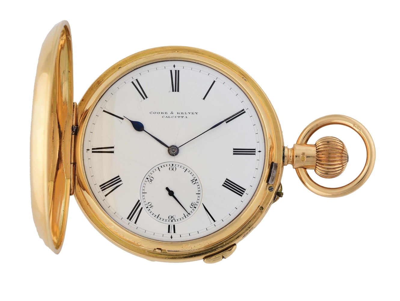 RARE AND FINE 18K GOLD COOKE & KELVEY, CALCUTTA, GRAND SONNERIE MINUTE REPEATING H/C POCKET WATCH.