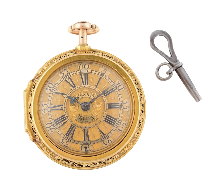 18K GOLD IAS. DEBAUFRE, LONDON, QUARTER-HOUR REPEATING O/F DOUBLE/PAIR CASE VERGE FUSEE POCKET WATCH W/KEY.