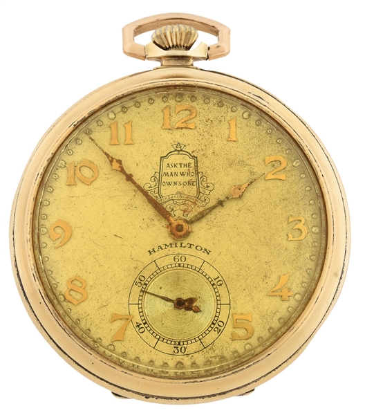 14K GOLD HAMILTON GRADE 918 O/F POCKET WATCH W/PACKARD "ASK THE MAN WHO OWNS ONE" DIAL.