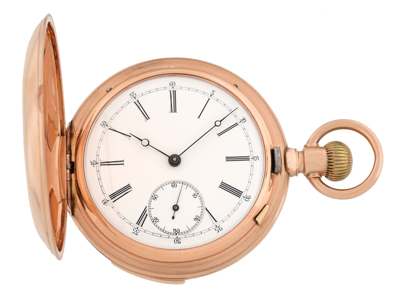 14K PINK GOLD SWISS FIVE MINUTE REPEATING H/C POCKET WATCH CIRCA 1890S.