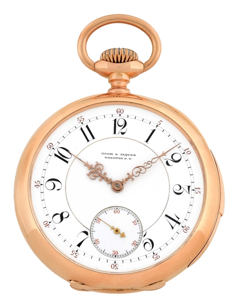 18K PINK GOLD COOK & JACQUES, NY, BY PATEK PHILIPPES MINUTE REPEATING O/F POCKET WATCH.
