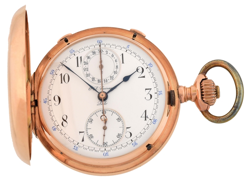 14K PINK GOLD C.L. GUINAND SPLIT-SECOND RATTRAPANTE CHRONOGRAPH H/C POCKET WATCH. 