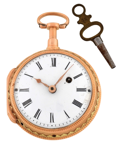 18K PINK GOLD PERRET, LOCLE, SWISS SMALL MULTICOLOR QUARTER REPEATING O/F POCKET WATCH W/KEY.