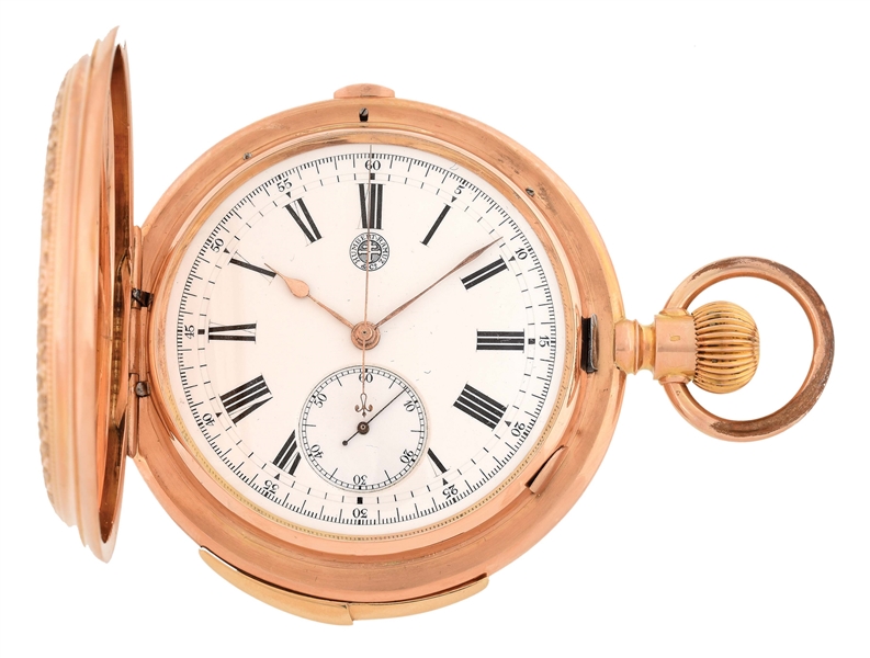 18K PINK GOLD HUMBERT RAMUZ & CO LARGE MINUTE REPEATING CHRONOGRAPH H/C POCKET WATCH. 