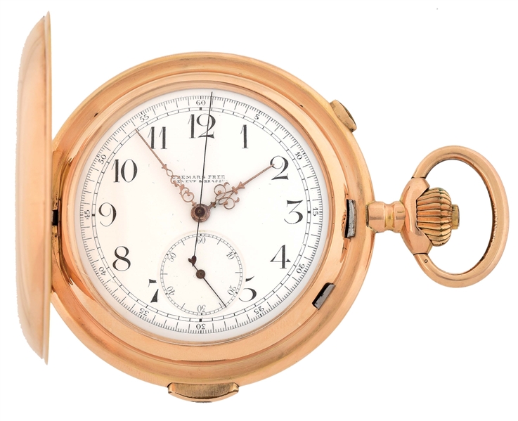 14K PINK GOLD AUDEMARS FRERES, SWISS, QUARTER REPEATING CHRONOGRAPH H/C POCKET WATCH.