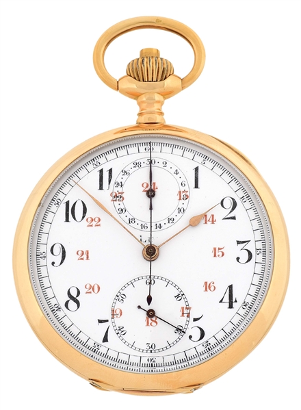 18K GOLD FRENCH CHRONOGRAPH O/F POCKET WATCH W/24 HOUR DIAL.