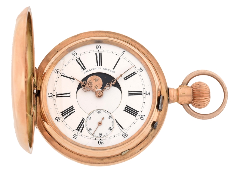 14K PINK GOLD CALENDRIER BREVETE DOUBLE DIAL TRIPLE DATE CALENDAR H/C POCKET WATCH W/MOON PHASES.