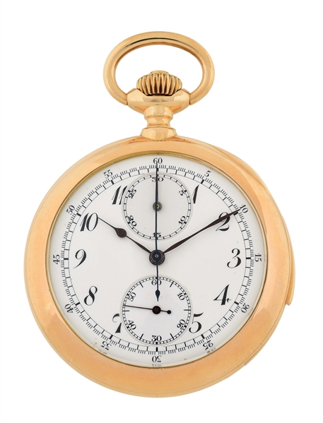18K YELLOW GOLD HOUSER, LIVY & CIE. MINUTE REPEATING CHRONOGRAPH O/F POCKET WATCH CIRCA 1900.