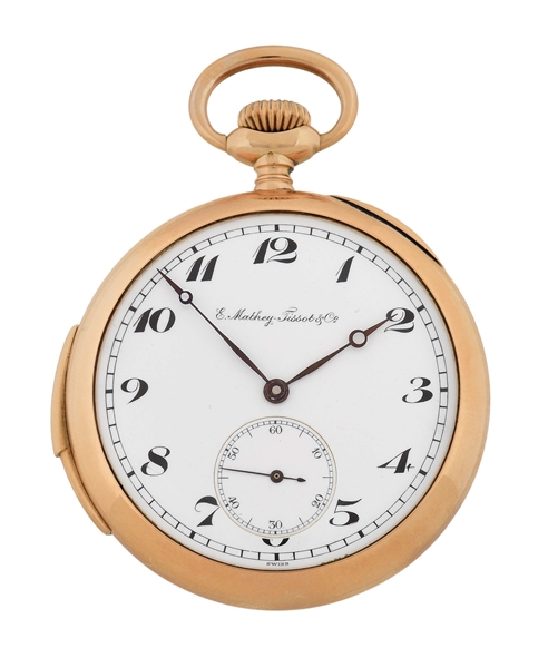 14K GOLD E. MATHEY-TISSOT & CO., MINUTE REPEATING O/F POCKET WATCH W/ PRESENTATION.