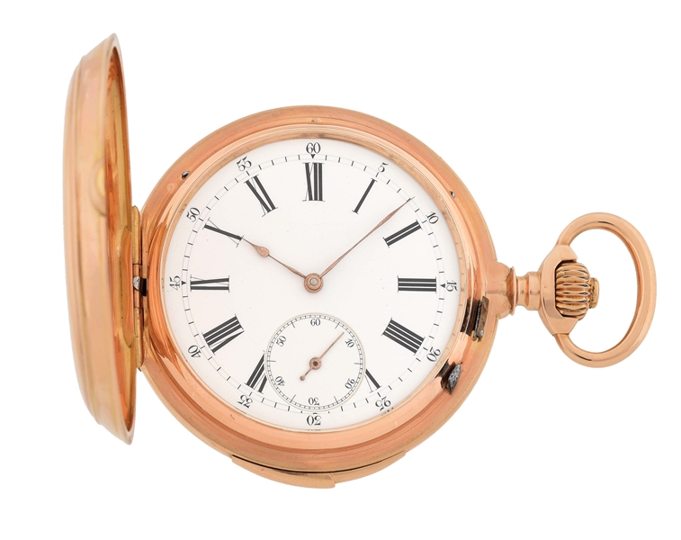 18K PINK GOLD FRENCH QUARTER-HOUR REPEATING H/C POCKET WATCH.