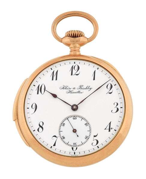 14K GOLD TOUCHON & CO. FOR KLINE & BINKLEY, HAMILTON, MINUTE REPEATING O/F POCKET WATCH.