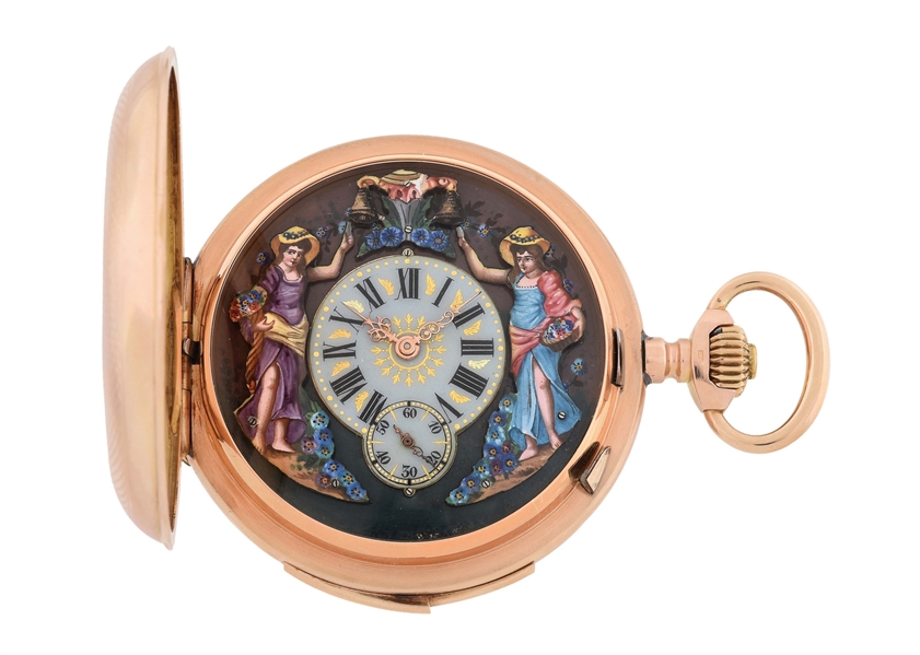 14K PINK GOLD SWISS, AUTOMATON QUARTER-HOUR REPEATING H/C POCKET WATCH W/ENAMELED FIGURES.