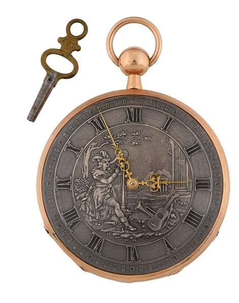RARE 14K PINK GOLD ANT. ACHARD & CO., SWISS QUARTER REPEATING MUSICAL O/F POCKET WATCH W/KEY.