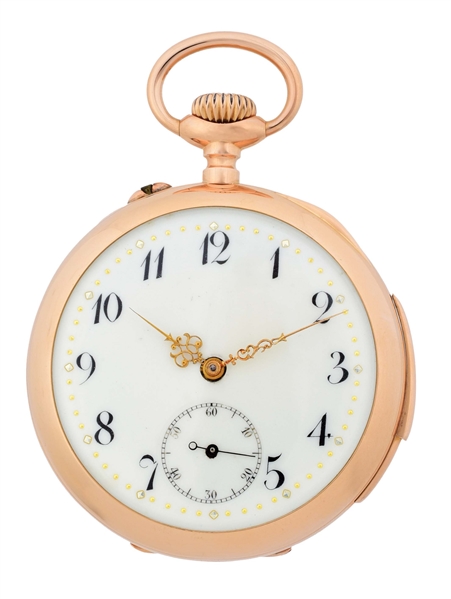 18K PINK GOLD SWISS MINUTE REPEATING O/F POCKET WATCH.