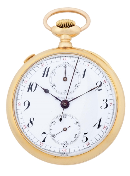 18K GOLD C.H. MEYLAN FOR MARCUS & CO., NY, SPLIT-SECOND RATTRAPANTE CHRONOGRAPH O/F POCKET WATCH.