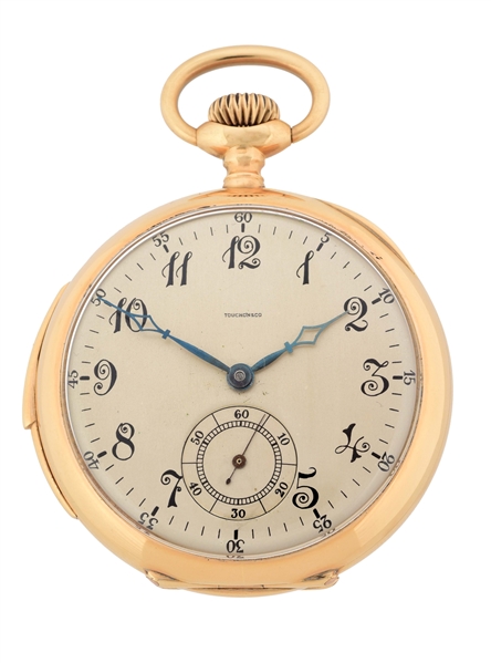 14K GOLD TOUCHON & CO SWISS MINUTE REPEATING O/F POCKET WATCH.