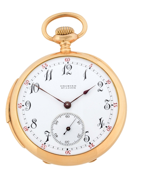 14K GOLD DROSTEN, ST. LOUIS, SWISS MADE MINUTE REPEATING O/F POCKET WATCH.