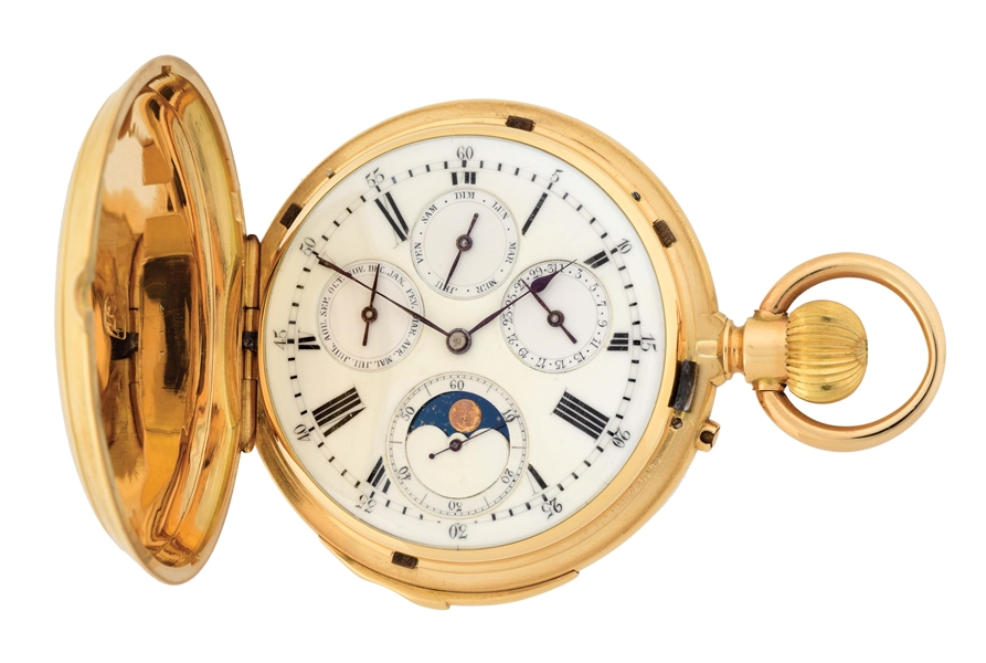 18K GOLD SWISS REPEATING TRIPLE-DATE CALENDAR H/C POCKET WATCH W/MOON PHASES.